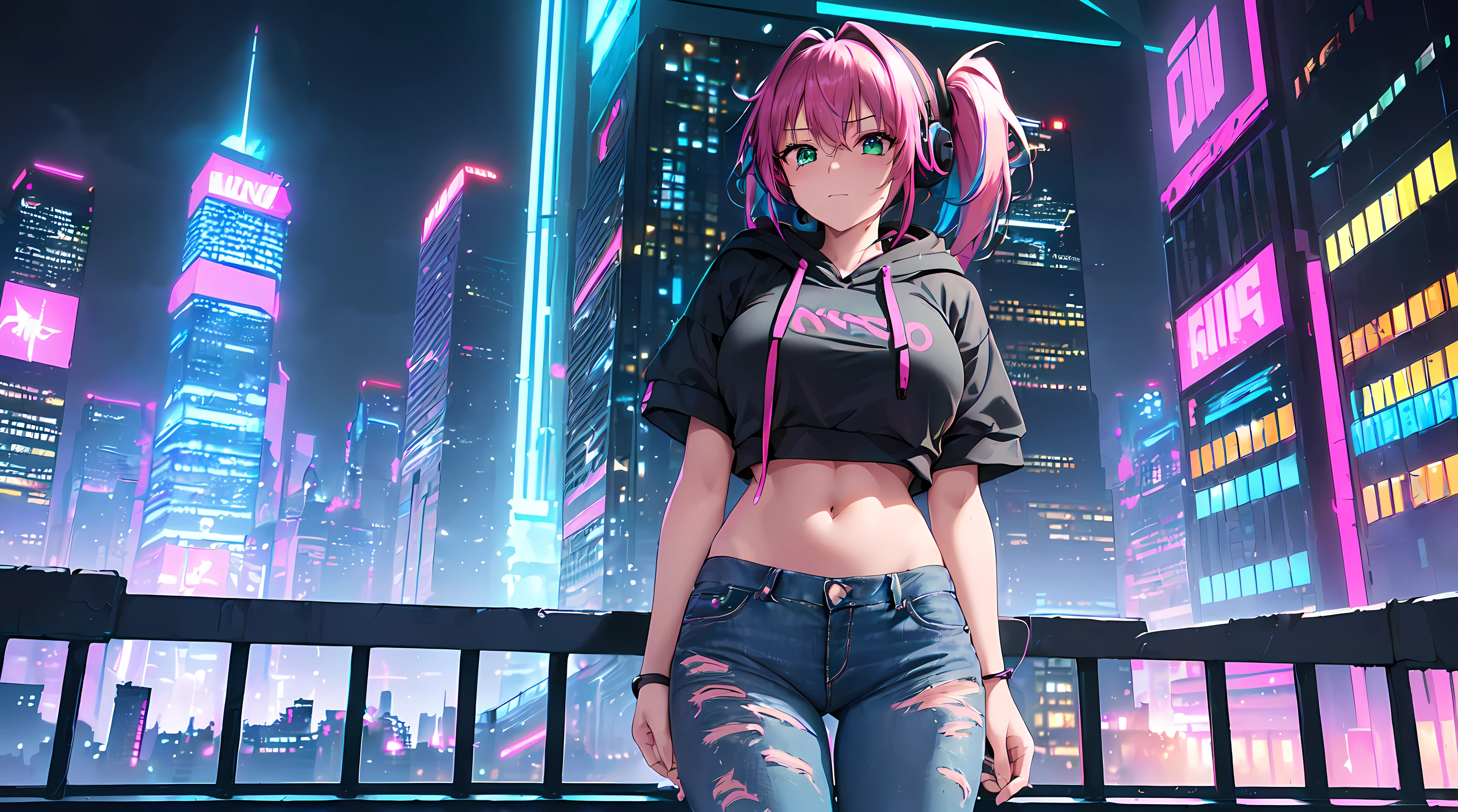 masterpiece, 1girl ((20year old, Black short sleeve hoodie exposes navel, tight blue jeans, medium breasts, multicolor pink hair, twin ponytails, green eyes, Happiness, headphones, urban cityscape at night, neon lights and towering skyscrapers, futuristic and energetic atmosphere))
