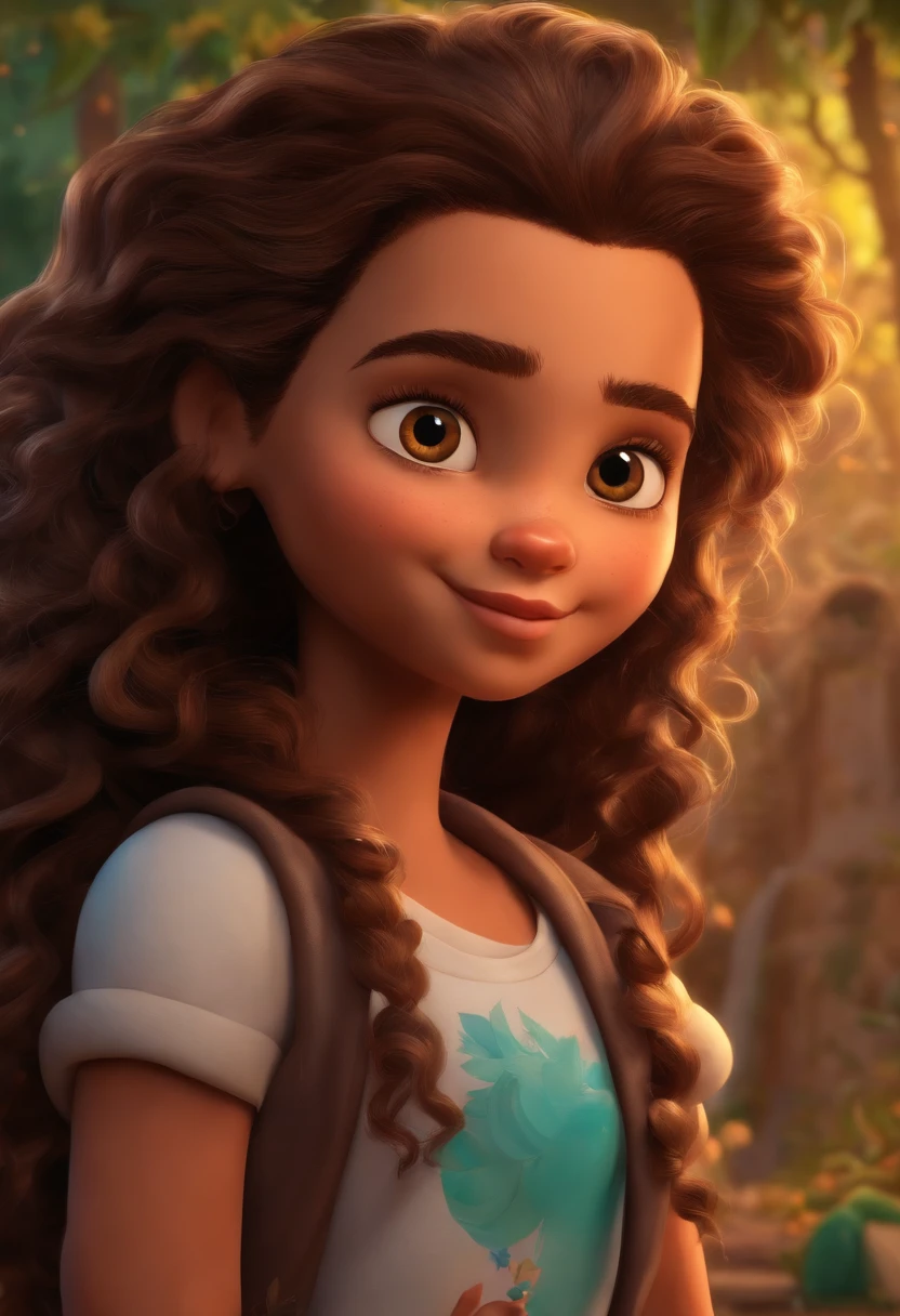 menina de 10 anos, cabelos compridos e ondulados, olhos castanhos em cartoon na escola
