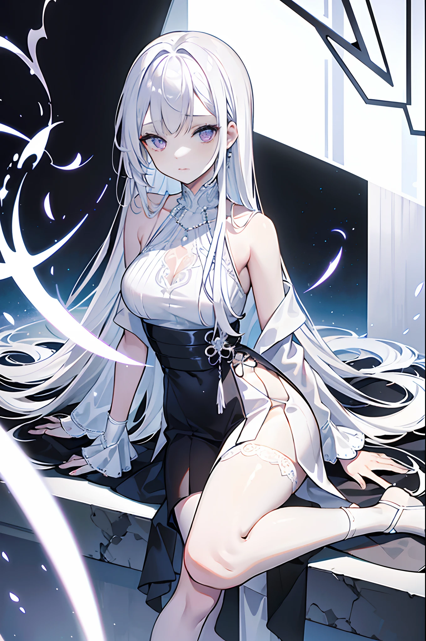 score_9, score_8_up, score_7_up, masterpiece, best quality, absurdres, vibrant, highly detailed, perfect finger, 5 fingers, 1girl, adult grown woman, kiana kaslana \(honkai impact 3rd\), herrscher of finality, white hair, ahoge, ponytail, very long hair, blue eyes, symbol-shaped pupils, blush, closed mouth, heavy breathing, dress, worried, short dress, white dress, plain dress, linen dress, short sleeves, juliet sleeves, heavy iron shackles on both hands, cuffs, cuffed wrists, bound wrists, dungeon, medieval prison, brick wall, torches, medieval setting, sitting on a chair, sitting