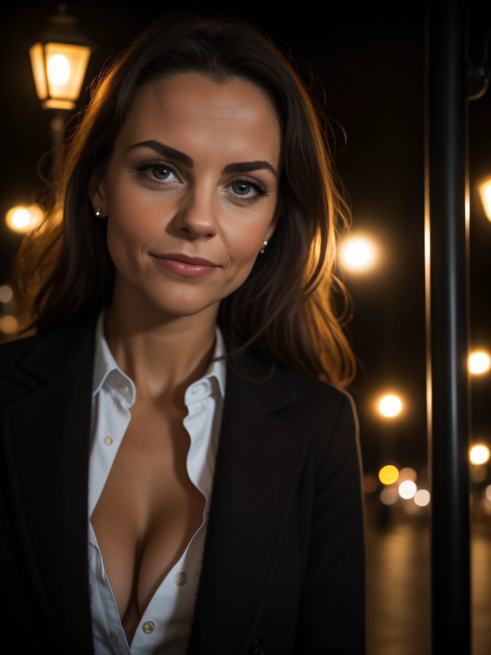 closeup of a woman, indoor street, night, lamp post, asphalt