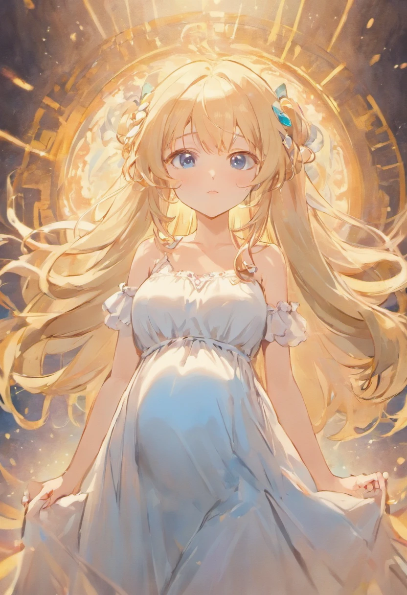 pregnant girl with long blonde hair, blue eyes, long white dress