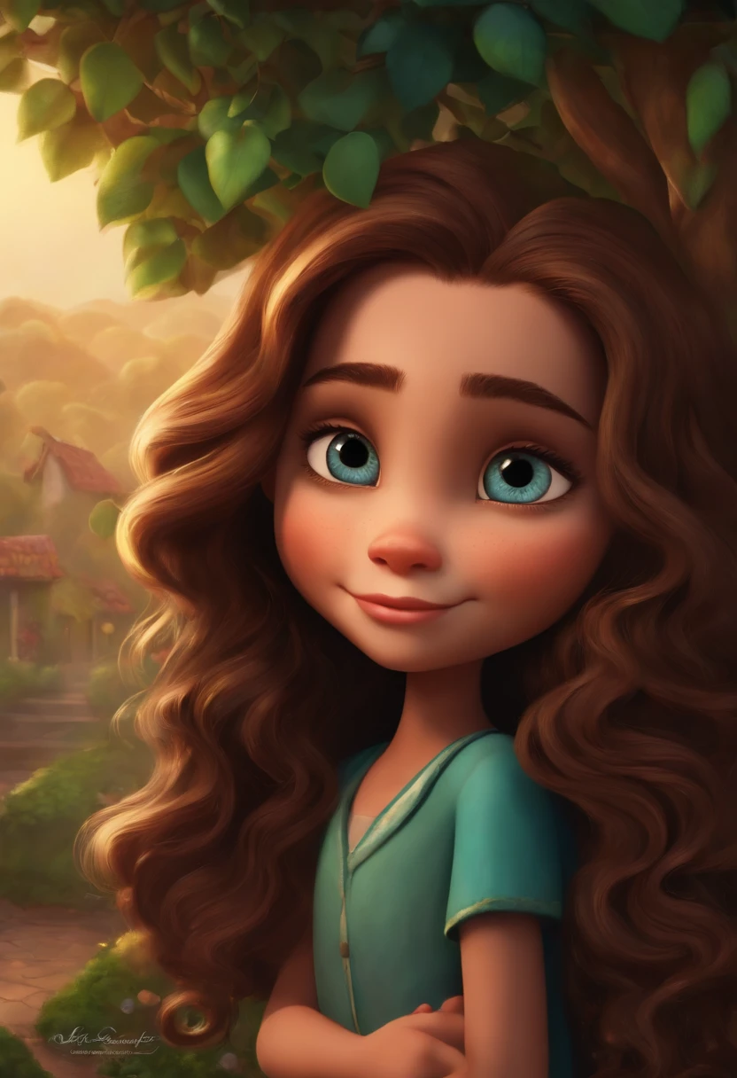 menina: Alicia, aproximadamente 7 anos de idade, cabelo longo estilo Disney, olhos castanhos e sorrisos. Menina: Julia Ana, 10 anos, longos cabelos cacheados e olhos castanhos. scenecy: Alicia and Ana Julia are in a cozy little house in the valley, ao fundo um dia ensolarado, Destacando o Sol.
