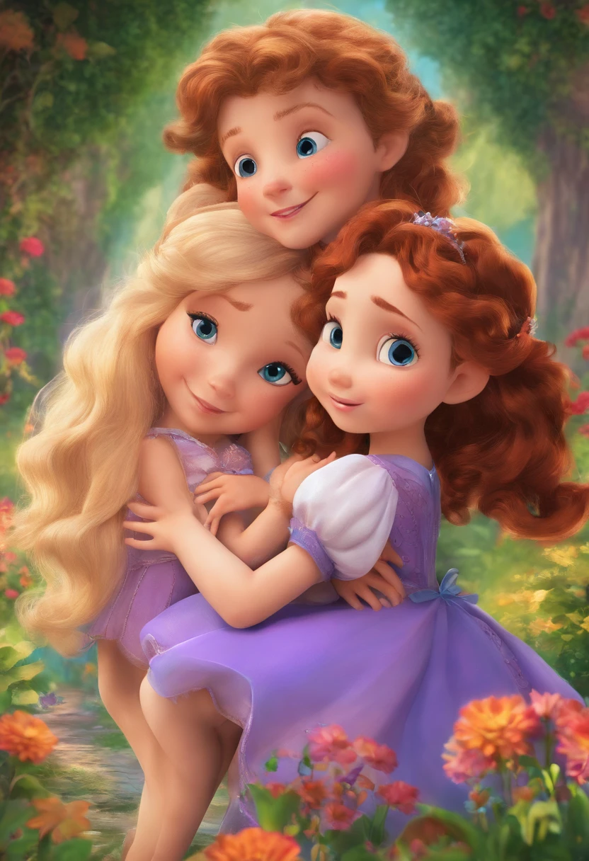 (best quality,4k,8k,highres,masterpiece:1.2),ultra-detailed,(realistic,photorealistic,photo-realistic:1.37),A heartwarming family reunion,Disney style,vibrant colors,loving mother,Embracing Ethan,Embracing Liam,love and gratitude,joyful atmosphere,happy expressions,hugs and smiles,closeness and warmth,sunny day,beautiful garden background,cute outfits,family love forever,bonding moments,sibling love,Cartoon characters,soft and smooth lines,vivid and lively,storybook scene,emotionally touching,artistic masterpiece,character details,vivid eyes and smiles,colorful palette,warm and bright lighting,magical feel,wholesome and heartwarming,cherished memories,playful poses,magical moment,authentic Disney style