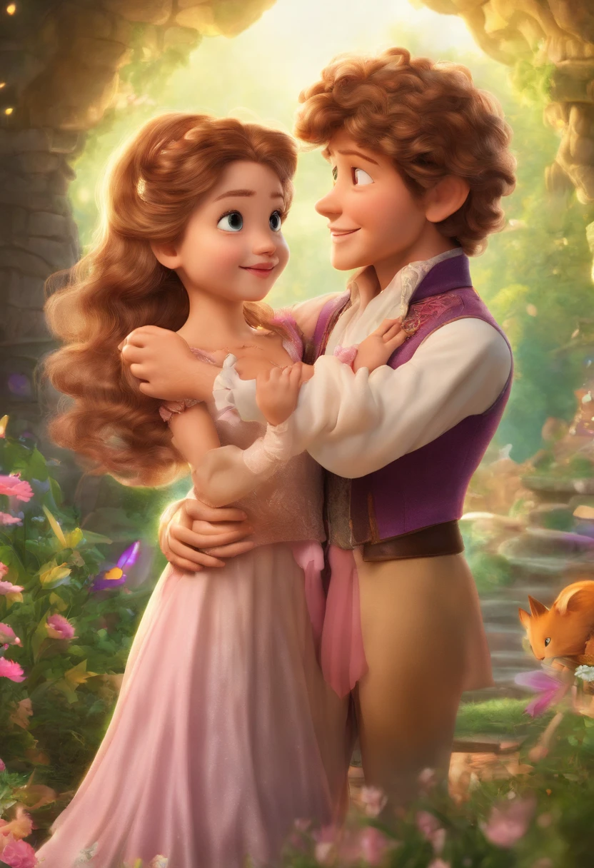 (best quality,4k,8k,highres,masterpiece:1.2),ultra-detailed,(realistic,photorealistic,photo-realistic:1.37),A heartwarming family reunion,Disney style,vibrant colors,loving mother,Embracing Ethan,Embracing Liam,love and gratitude,joyful atmosphere,happy expressions,hugs and smiles,closeness and warmth,sunny day,beautiful garden background,cute outfits,family love forever,bonding moments,sibling love,Cartoon characters,soft and smooth lines,vivid and lively,storybook scene,emotionally touching,artistic masterpiece,character details,vivid eyes and smiles,colorful palette,warm and bright lighting,magical feel,wholesome and heartwarming,cherished memories,playful poses,magical moment,authentic Disney style