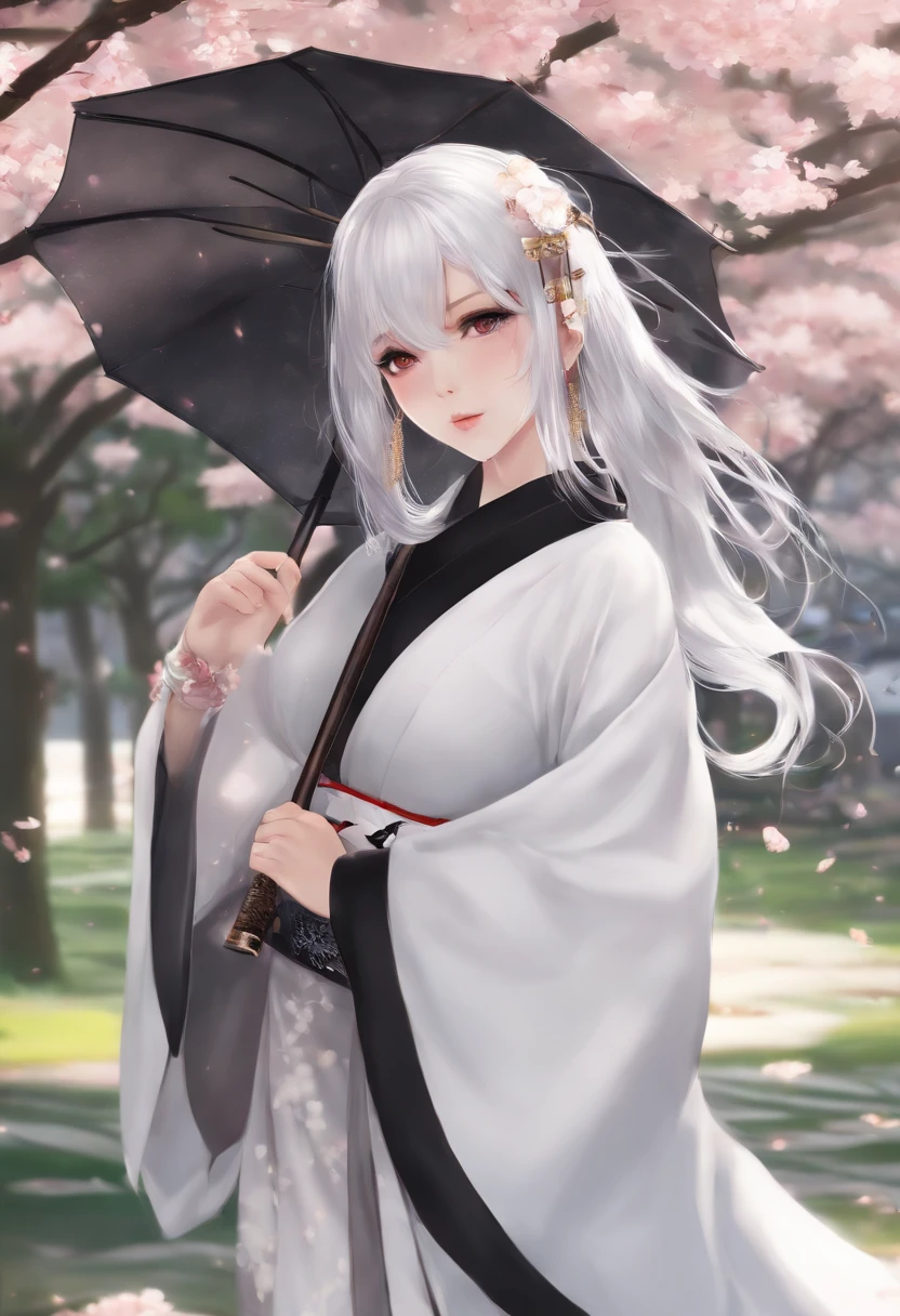 Solo, 1girl, female girl wearing a white and black haori, katana in her hip, looking at viewer, wide hips, fantasy, sakura trees in the background, masterpiece, scarf, large_breasts, long skirt matching colors with haori, holding black umbrella, walking through the sakura trees, close to the face camera angle, katana, katana in her side, white hair, long hair, solo girl, long_hair, golden eyes, black_boots, fingerless gloves, bondage in her shoulder, teenager, young,