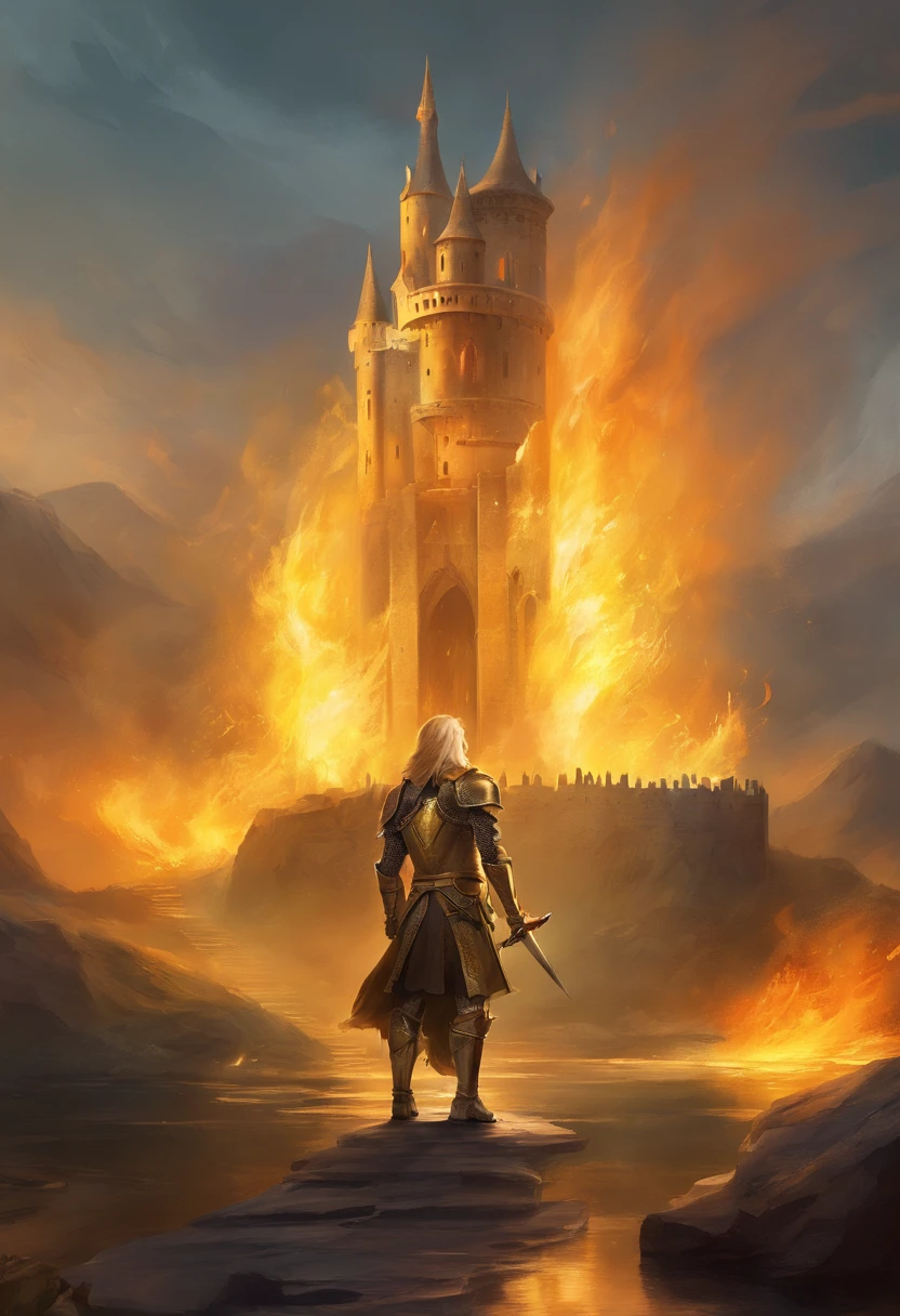 Medieval fortress On fire . Knight with long yellow hair, yellow armor. He stands in front of the fortress door