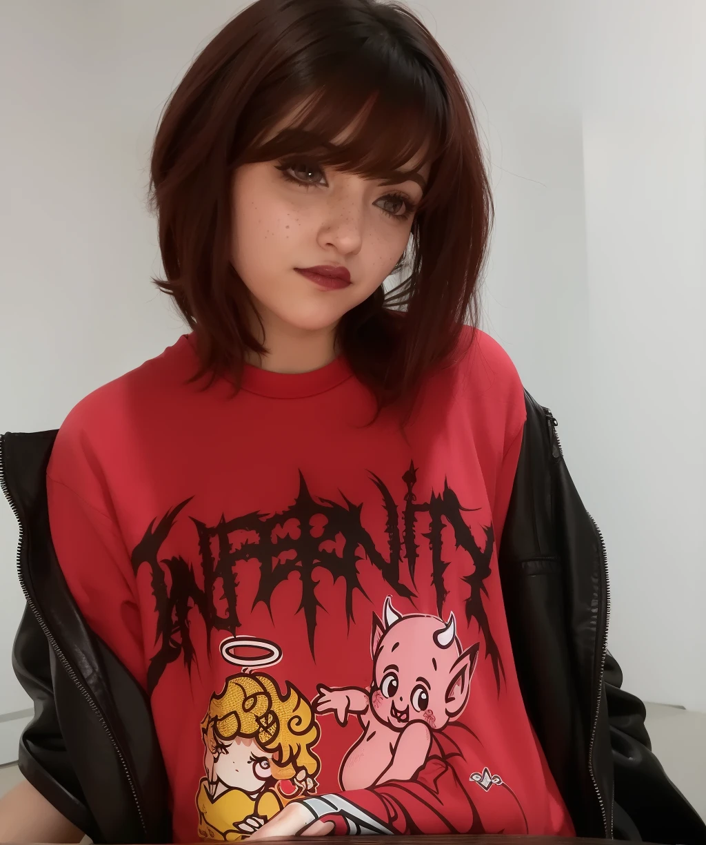 Camisa de Arabe com uma foto de uma menina com um porco sobre ele, Ninfa infernal!!!, roupas witchcore, y2k", roupas intrincadas, Infinity, trending on r/streetwear, Arte infernal em boa qualidade, infernal, menina insanidade convocar sua morte, goth punk clothes, menina infp, Ninfa infernal
