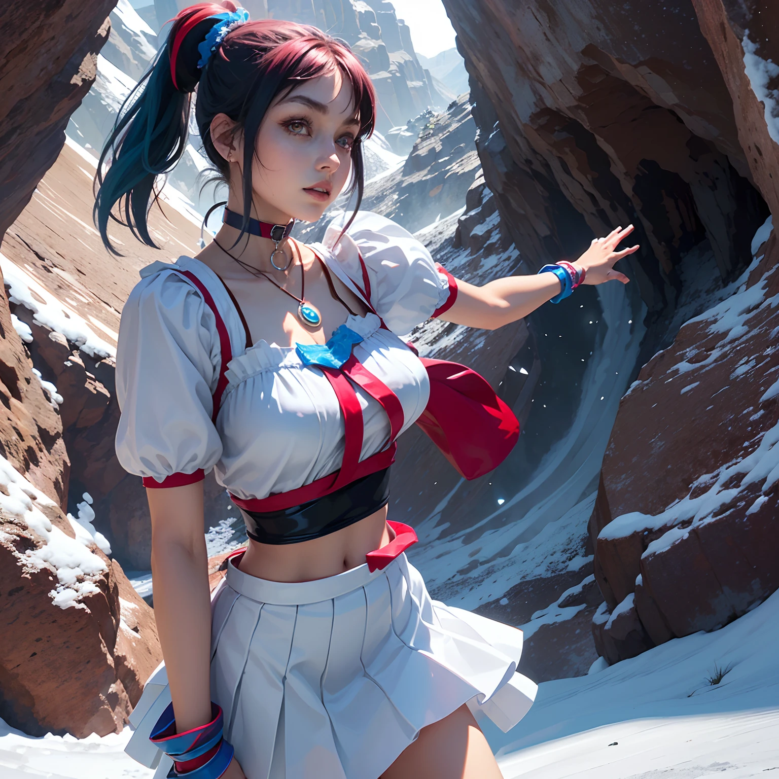 ((Full body)) (( falling through the air )) a enchsntly besutiful woman with pink eyes blue-greenish twin ponytail wearing red choker blue large crystal pendant wrist bands with matching pendants white leather two piece skirt and blouse with and wearing a off snow white tranparent straps