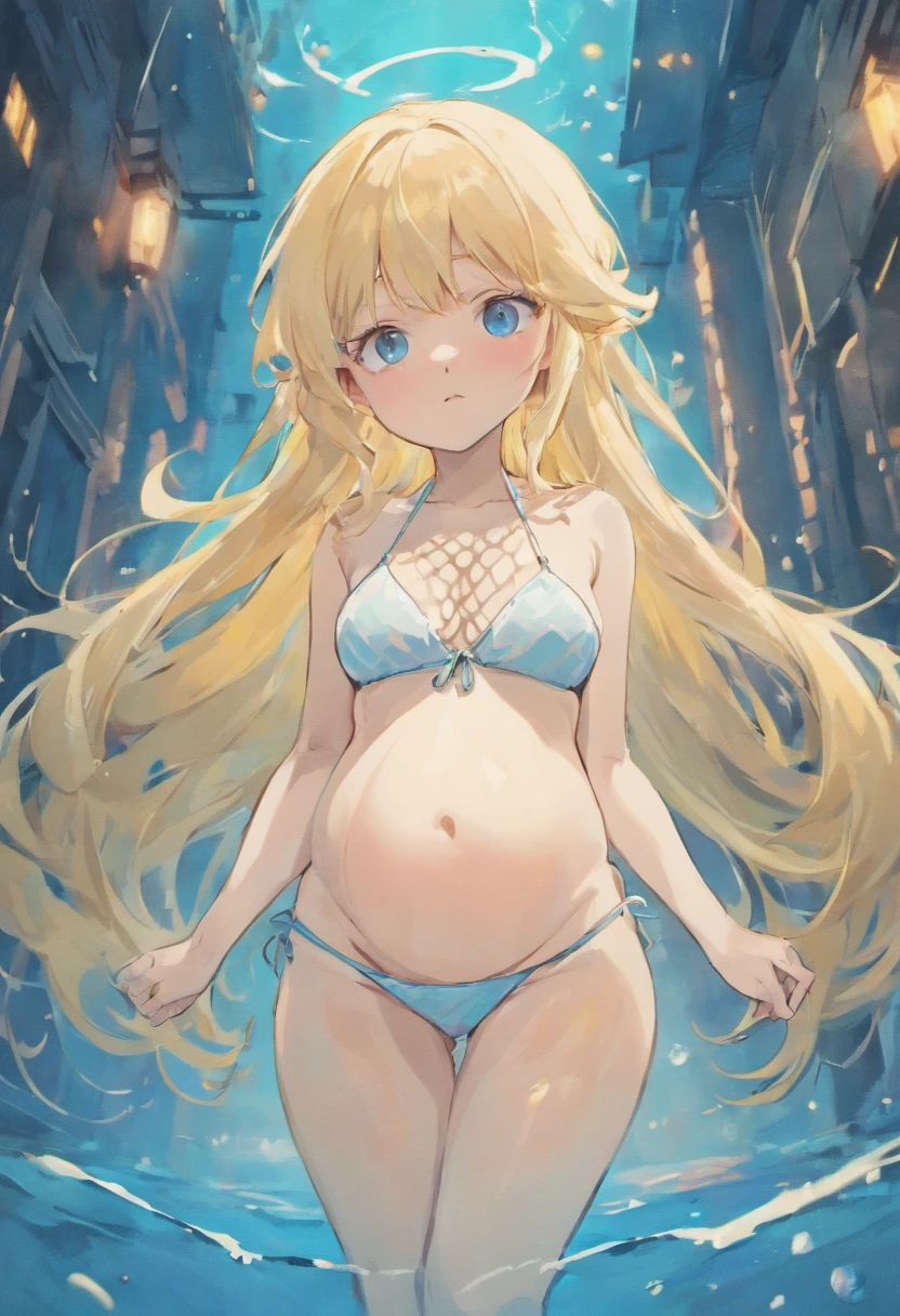 pregnant cute with long blonde hair, blue eyes in white bikini