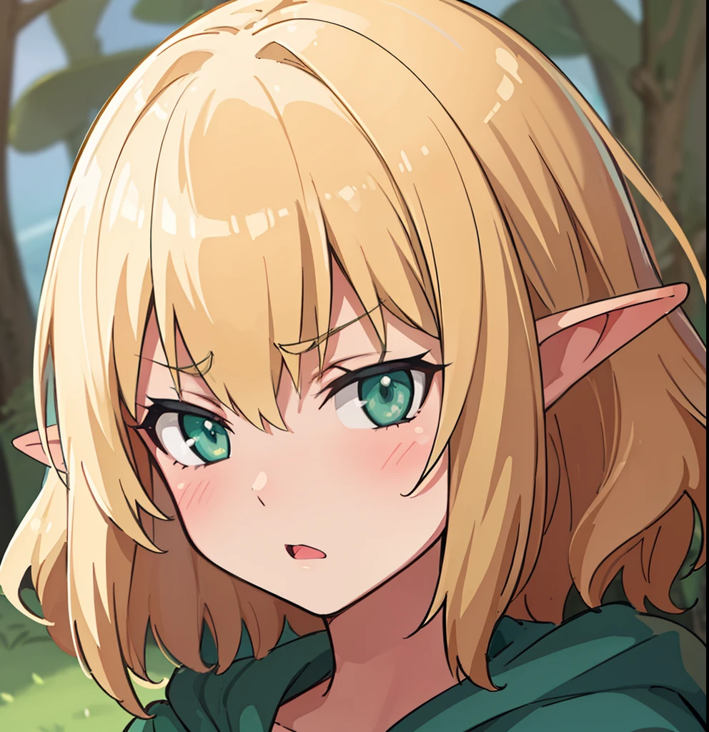 hiquality, tmasterpiece (One elven girl) Sullen face. furrowed brow.  Short Hair Hair. opened mouth. blonde woman. Cyan eyes. green raincoat. long ears. in front of a forest background