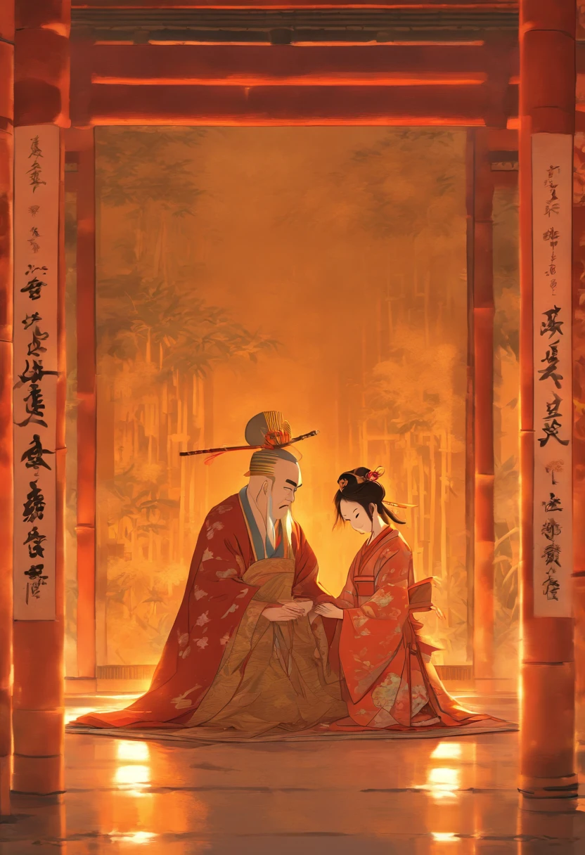 Marriage proposal, house, bamboo, woman, Japanese Emperor, feudal Japan, ((Kneeling Emperor)), Shui Mo Hua, Chinese painting style, Thangka style, masterpiece, weak sunlight, depth of field, best quality