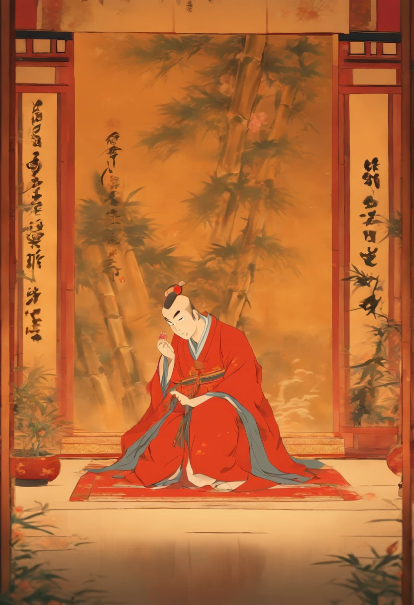 Marriage proposal, house, bamboo, woman, Japanese Emperor, feudal Japan, ((Kneeling Emperor)), Shui Mo Hua, Chinese painting style, Thangka style, masterpiece, weak sunlight, depth of field, best quality