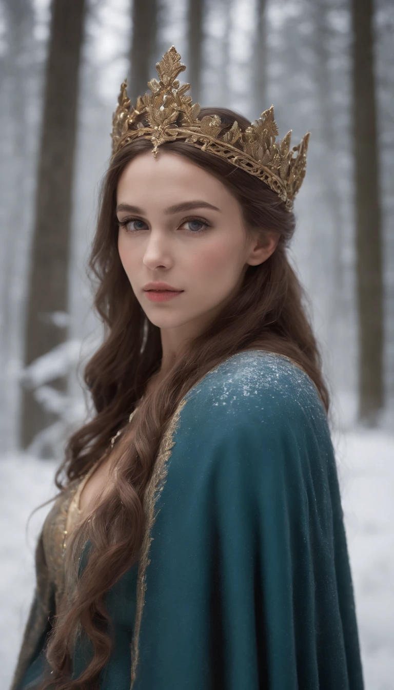 Woman with an ice tiara on her head and a navy blue winter cloak with golden details, broche de floco de neve. longos cabelos pretos. rainha do inverno, princesa elfa, retrato de uma rainha elfa, rainha elfa, princesa inverno, uma rainha elfa, artgerm em artstation pixiv, bela e elegante rainha elfa, corpo inteiro. Standing in the snow in front of a large icy castle. Personagem de RPG. Era medieval. Mulher elfa. Elfa de cabelos ruivos. Olhos azuis. Elfa da floresta. Elfa Guerreira da floresta. Elfa arqueira. Arqueira medieval. Arco e Flecha. Organic Amadura. Armadura verde musgo. soft ilumination. Standing in the middle of the forest. Floresta densa. Cogumelos bioluminescentes. fantastical setting. Luz do dia. Luz solar. realces de cores quentes. Paleta verde azul e amarelo. RPG Character design. modelo ig | artgerm, :: rossdraws, obra de arte no estilo de guweiz, extremamente detalhada artgerm. corpo inteiro, fundo detalhado de um castelo, hiper detalhado, rosto detalhado, foto sincera POV, por lee jeffries, Nikon d850, filme fotografia de estoque ,4 kodak portra 400, F1 camera lens.6, cores ricas, hiper realista, textura realista, lighting dramatic, cinestill 800 (8k, Foto RAW, melhor qualidade, obra-prima: 1.2), ultra-detalhado, (pele altamente detalhada: 1.2), 8k UHD, DSLR, soft ilumination, alta qualidade.modelo ig | artgerm, :: rossdraws, obra de arte no estilo de guweiz, extremamente detalhada artgerm. corpo inteiro, fundo detalhado de um castelo, hiper detalhado, rosto detalhado, foto sincera POV, por lee jeffries, Nikon d850, filme fotografia de estoque ,4 kodak portra 400, F1 camera lens.6, cores ricas, hiper realista, textura realista, lighting dramatic, cinestill 800