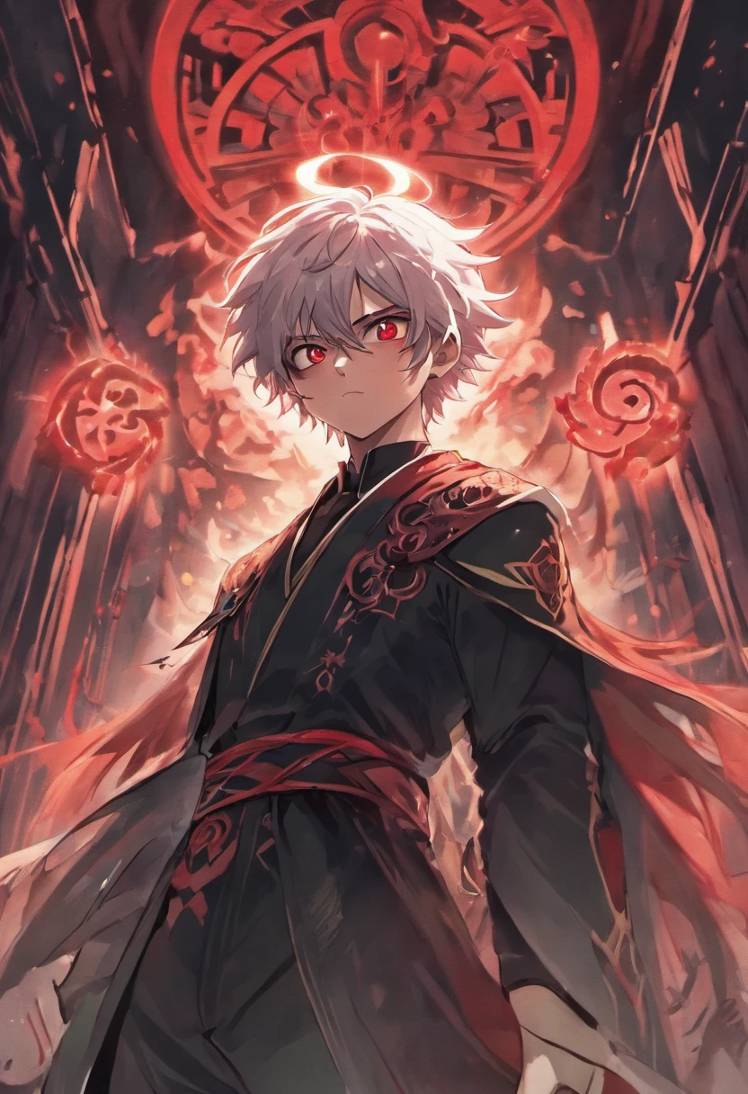 (masterpiece, illustration, anime:1.3), anime boy, Red Eyes, long white hair, in the dark, (classic black attire:1.2), standing inside a temple at night, (messy white hair:1.1), (red eyes emitting red light:1.2), (calm expression:1.1), (uncovered eyes:1.1), (powerful presence:1.2), (mystical atmosphere:1.2), (subtle moonlight:1.1), (intricate temple architecture:1.2), (ominous shadows:1.1), (flowing robes:1.1), (detailed folds and creases:1.1), (intense blue aura:1.2), (symbols of power surrounding him:1.1), (magical energy radiating:1.2), (spellcasting gestures:1.1), (mysterious artifacts:1.1), (ethereal particles:1.1), (dynamic pose:1.2), (epic soundtrack:1.2), (sense of awe:1.1), (magical prowess:1.1) (Demon slayer)
