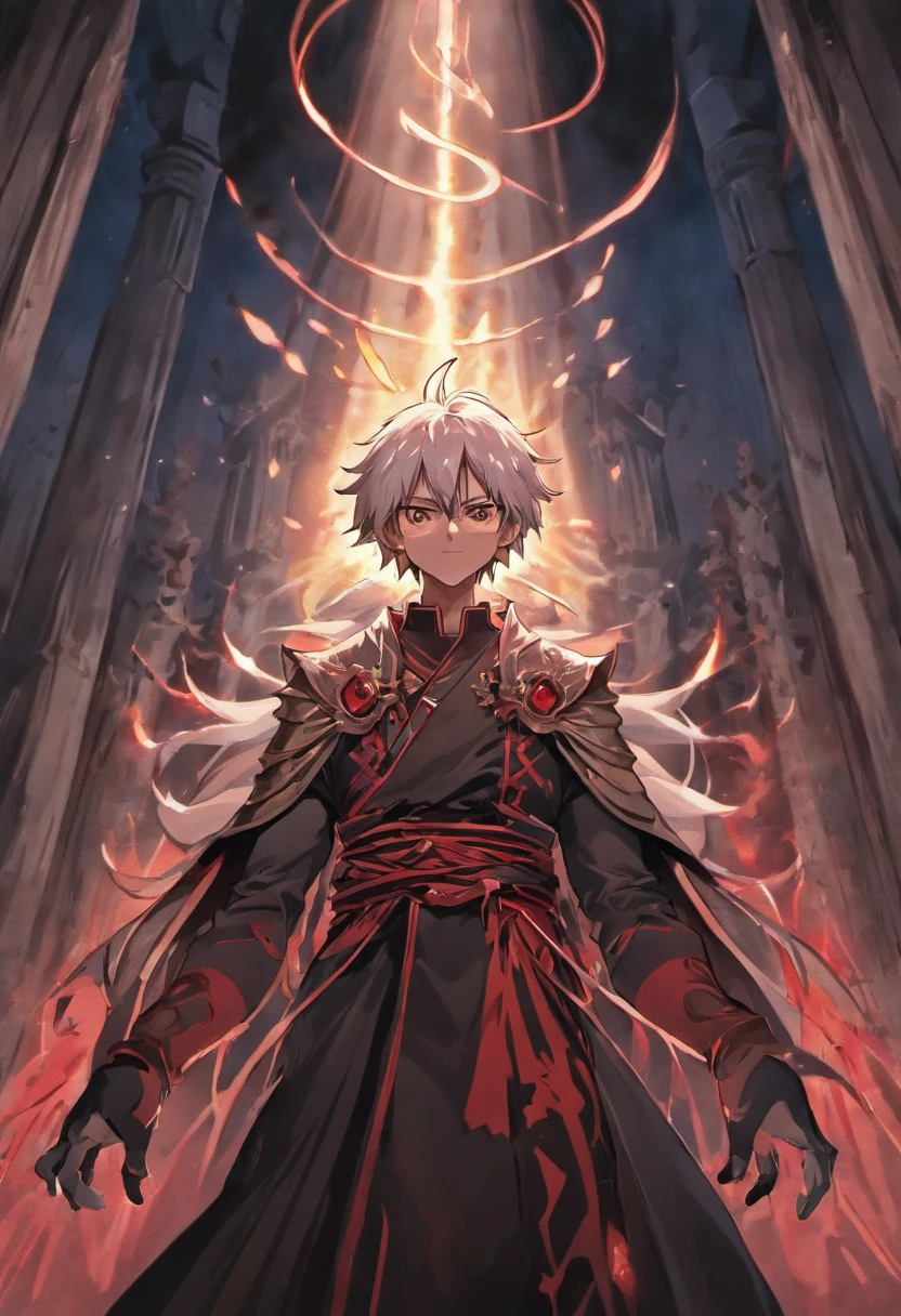 (masterpiece, illustration, anime:1.3), anime boy, Red Eyes, long white hair, in the dark, (classic black attire:1.2), standing inside a temple at night, (messy white hair:1.1), (red eyes emitting red light:1.2), (calm expression:1.1), (uncovered eyes:1.1), (powerful presence:1.2), (mystical atmosphere:1.2), (subtle moonlight:1.1), (intricate temple architecture:1.2), (ominous shadows:1.1), (flowing robes:1.1), (detailed folds and creases:1.1), (intense blue aura:1.2), (symbols of power surrounding him:1.1), (magical energy radiating:1.2), (spellcasting gestures:1.1), (mysterious artifacts:1.1), (ethereal particles:1.1), (dynamic pose:1.2), (epic soundtrack:1.2), (sense of awe:1.1), (magical prowess:1.1) (Demon slayer)