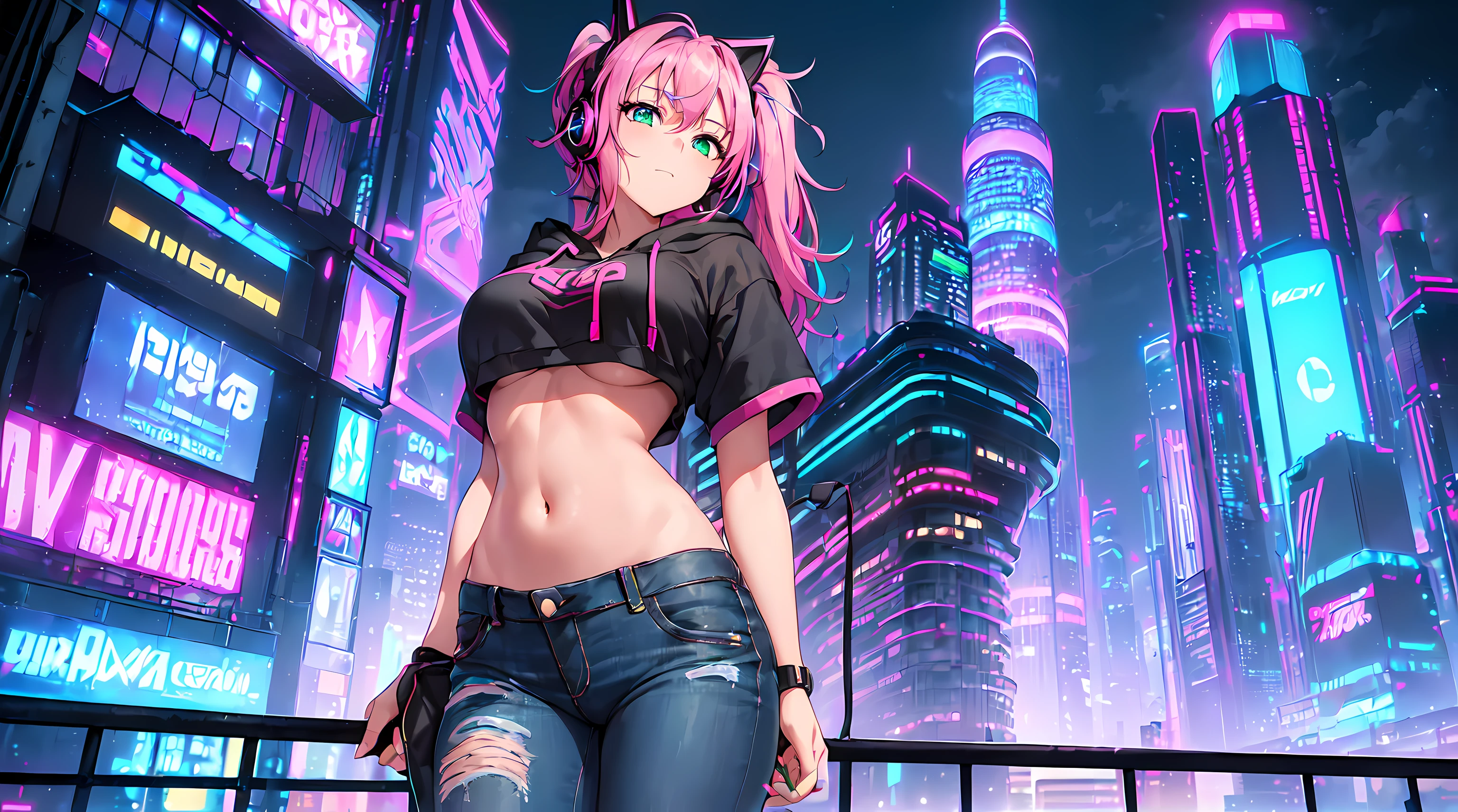 masterpiece, 1girl ((20year old, Black short sleeve hoodie exposes navel, tight blue jeans, medium breasts, multicolor pink hair, twin ponytails, green eyes, Happiness, headphones, urban cityscape at night, neon lights and towering skyscrapers, futuristic and energetic atmosphere))