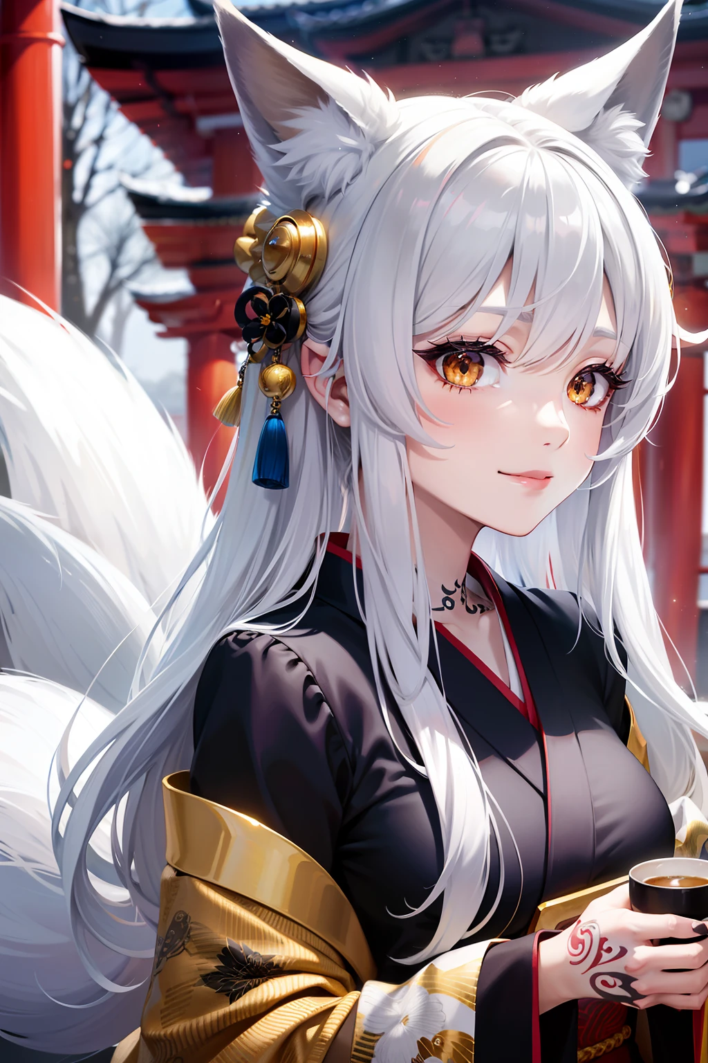 Adult Woman, long white hair, Fox ears, fox tails, Golden Eyes, black and white eyes, Kimono, ssmile, masutepiece, hiquality、Tattoos on the face、Torii Shrine、Cup-sized Silver Fox