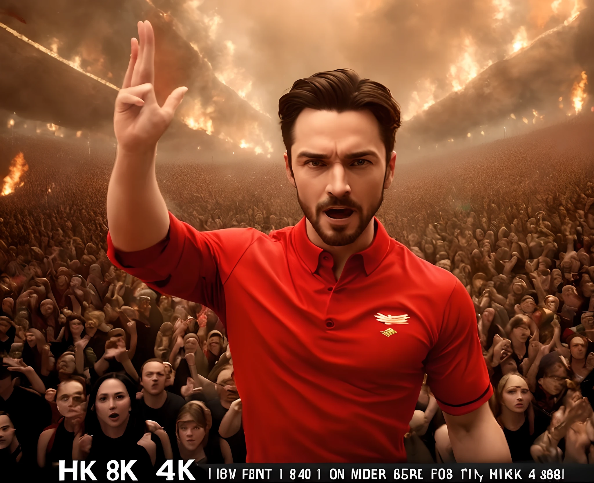 a man in a red shirt waving in front of a crowd, 8 k movie still, 8 k highly detailed โค๐ฅ ๐ฅ ๐ ๐ค ๐, ๐ป๐น๐ผ, teaser, 6k, 6 k, official, :3, actress, movie still 8 k, 8k!, absolutely outstanding image, shot from movie, 4k movie still, 4 k movie still