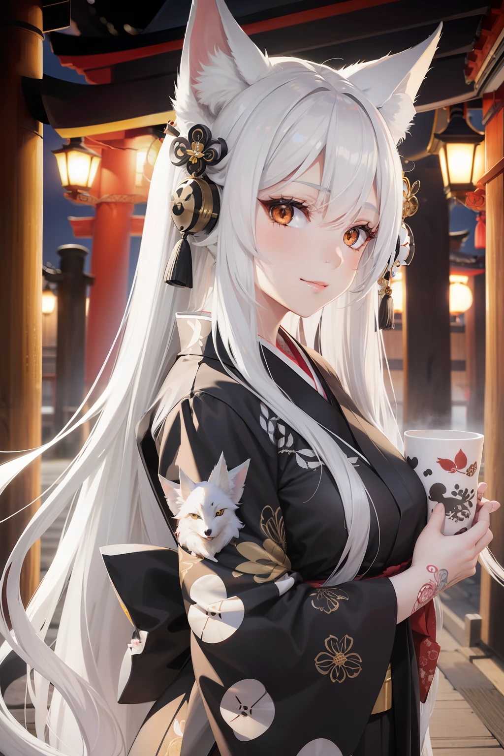 Adult Woman, long white hair, Fox ears, fox tails, Golden Eyes, black and white eyes, Kimono, ssmile, masutepiece, hiquality、Tattoos on the face、Torii Shrine、Cup-sized Silver Fox