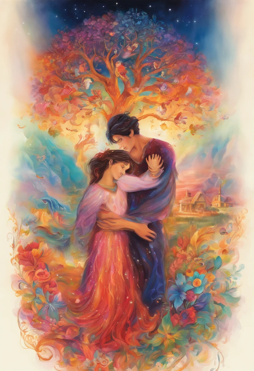 A heartwarming family reunion with mother and two successful sons embracing, symbolizing their love and gratitude, disney style, vibrant colors
