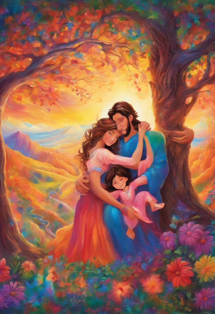 A heartwarming family reunion with mother and two successful sons embracing, symbolizing their love and gratitude, disney style, vibrant colors