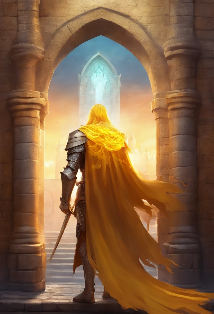 Medieval fortress On fire . Knight with long yellow hair, yellow armor. He stands in front of the fortress door