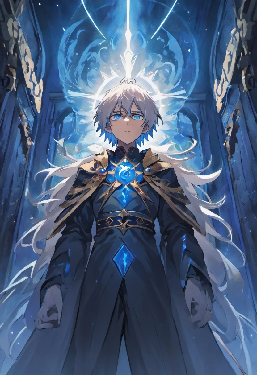 (masterpiece, illustration, anime:1.3), anime boy, Red Eyes, long white hair, in the dark, (classic black attire:1.2), standing inside a temple at night, (messy neck long white hair:1.1), (red eyes emitting red light:1.2), (calm expression:1.1), (uncovered eyes:1.1), (powerful presence:1.2), (mystical atmosphere:1.2), (subtle moonlight:1.1), (intricate temple architecture:1.2), (ominous shadows:1.1), (flowing robes:1.1), (detailed folds and creases:1.1), (intense blue aura:1.2), (symbols of power surrounding him:1.1), (magical energy radiating:1.2), (spellcasting gestures:1.1), (mysterious artifacts:1.1), (ethereal particles:1.1), (dynamic pose:1.2), (epic soundtrack:1.2), (sense of awe:1.1), (magical prowess:1.1)