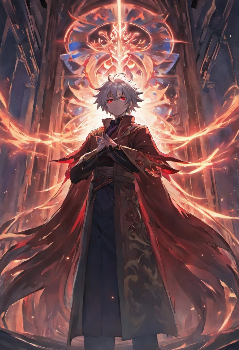 (masterpiece, illustration, anime:1.3), anime boy, Red Eyes, long white hair, in the dark, (classic black attire:1.2), standing inside a temple at night, (messy neck long white hair:1.1), (red eyes emitting red light:1.2), (calm expression:1.1), (uncovered eyes:1.1), (powerful presence:1.2), (mystical atmosphere:1.2), (subtle moonlight:1.1), (intricate temple architecture:1.2), (ominous shadows:1.1), (flowing robes:1.1), (detailed folds and creases:1.1), (intense blue aura:1.2), (symbols of power surrounding him:1.1), (magical energy radiating:1.2), (spellcasting gestures:1.1), (mysterious artifacts:1.1), (ethereal particles:1.1), (dynamic pose:1.2), (epic soundtrack:1.2), (sense of awe:1.1), (magical prowess:1.1)
