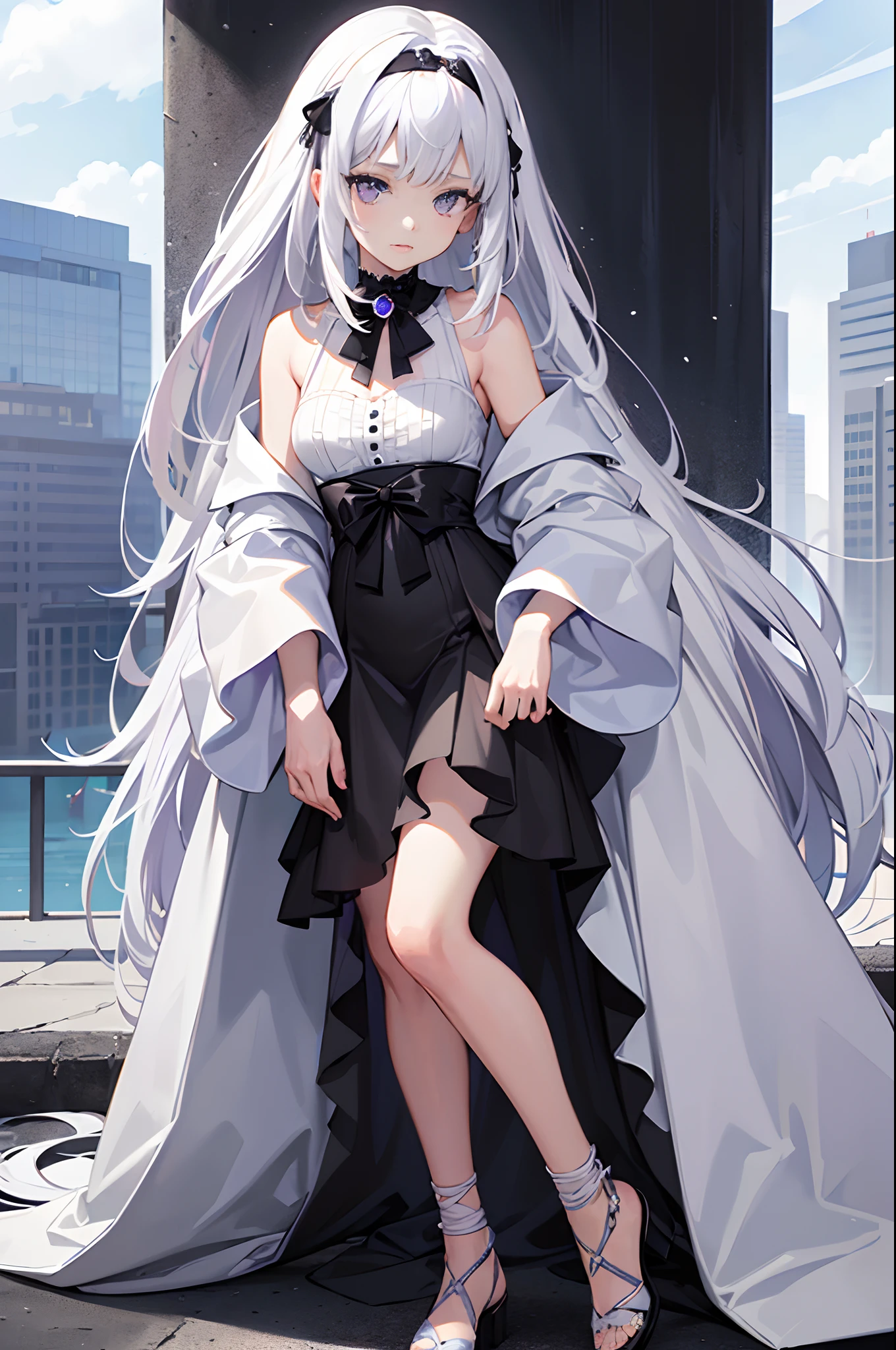 (Best quality, highest resolution, 8k, full-body picture, 1 girl, young girl, masterpiece, solo), white hair, long straight hair, (purple side_bangs), ((white hair with black hair_fringes)), (violet eyes, expressionless face, oval head), big white pearls as accessories, white pearls necklace, intricate white robe, marble ruins in background, shades of grey and azure