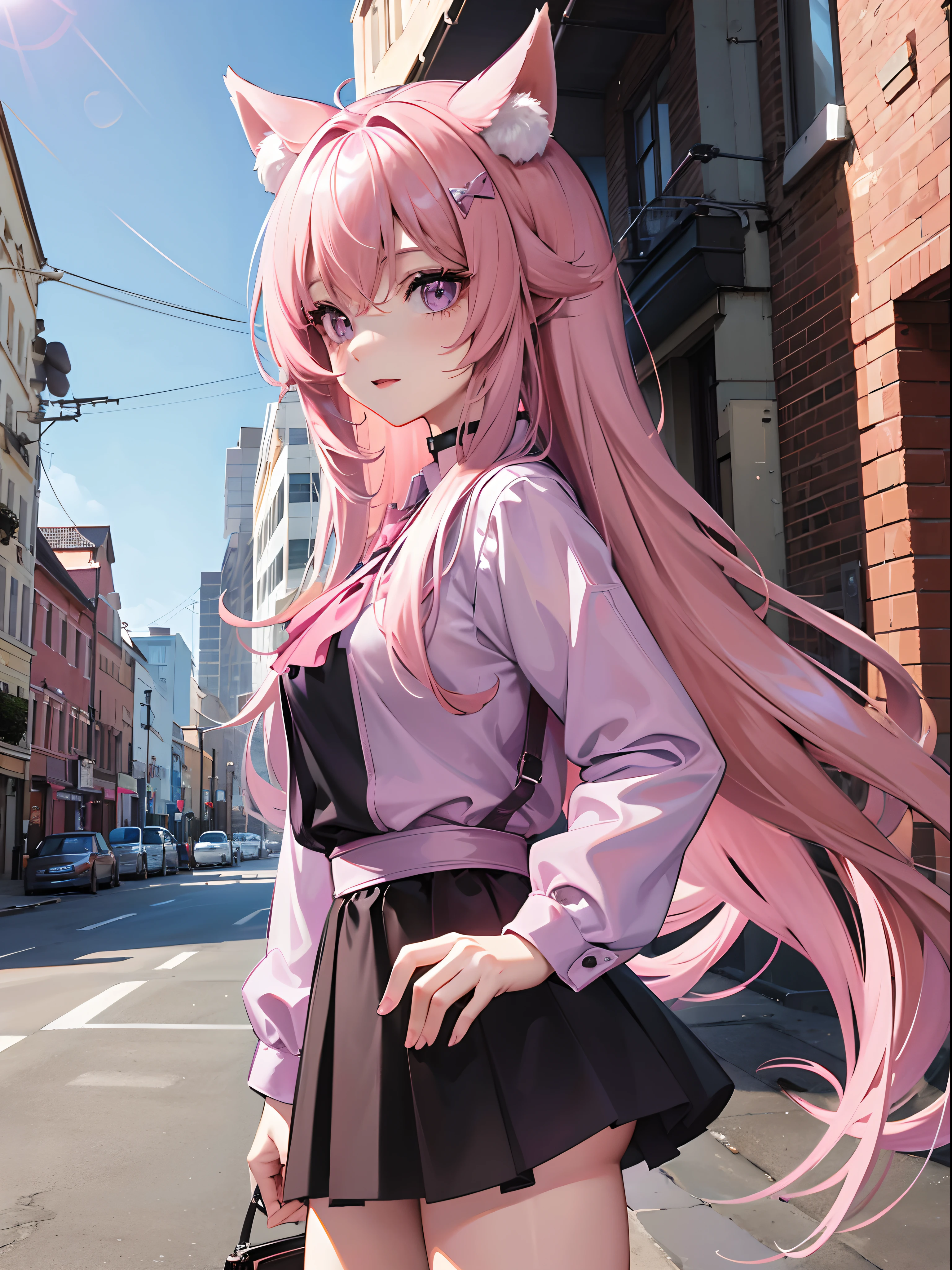 1girl, long pink hair, purple eyes, wearing plain pink shirt, having fox ears insted of human kinds, looking at viewer innocently, high res, ultrasharp, 8k, masterpiece