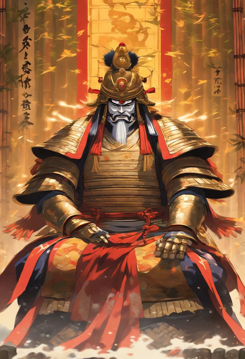 War armor, house, bamboo,Japanese Emperor, Feudal Japan, ((Kneeling Emperor)), Shui Mo Hua, Chinese painting style, Thangka style, masterpiece, weak sunlight, depth of field, best quality