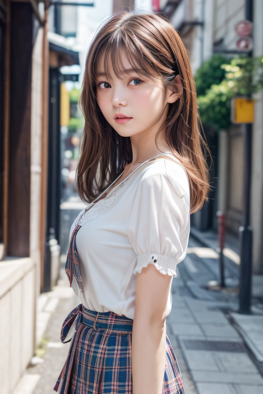 (Top image quality、8K、masterpiece:1.3))、Realistic high-quality photos、top-quality、girl cute-fine face、13 years old beautiful Japan girl、Photo of slim little girl model、Beautiful girl model、young japanese girl、Young cute face、japanaese girl、13-year-old female model、Beautiful Model Girl、The innocent look of the girl next door、lovely delicate face、Brown hair、Beautiful brown eyes、Tear bag、drooing eyes、young body、white shirt, huge-breasted, cleavage of the breast, Show a little cleavage through the shirt, lowfers, blurry backround, bblurry, ngel, Plaid, shortsleeves, JK ribbon on neck, JK Ribbon, brown haired, A bracelet, Eau, bangss, 校服, jewely, cparted lips, s lips, From the side, pleatedskirt, depth of fields