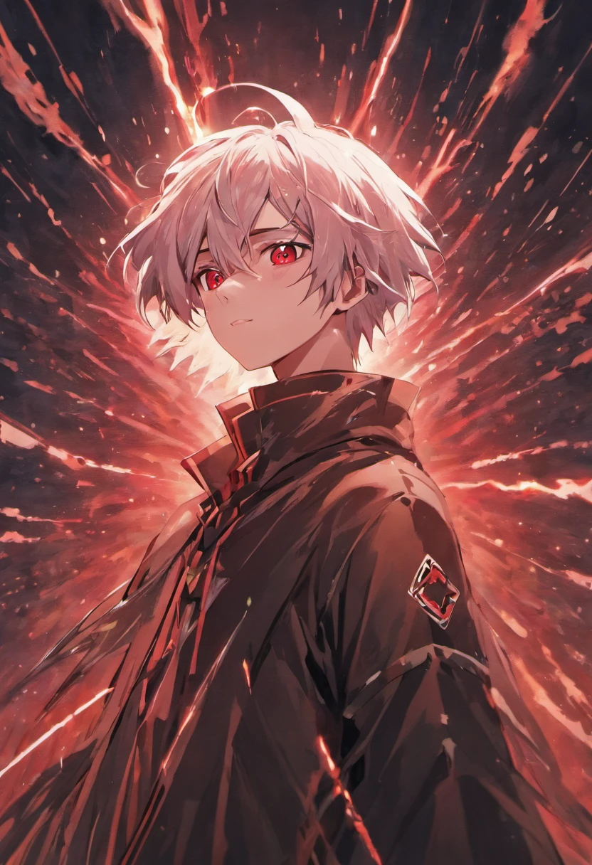 (masterpiece, illustration, anime:1.3), anime boy, Red Eyes, long white hair, in the dark, (classic black attire:1.2),  (messy neck long white hair:1.1), (red eyes t:1.2), (calm expression:1.1), (uncovered eyes:1.1), (powerful presence:1.2),  (detailed folds and creases:1.1), (intense blue aura:1.2), (symbols of power surrounding him:1.1), (magical energy radiating:1.2), , (ethereal particles:1.1), (dynamic pose:1.2), (epic soundtrack:1.2), (sense of awe:1.1),