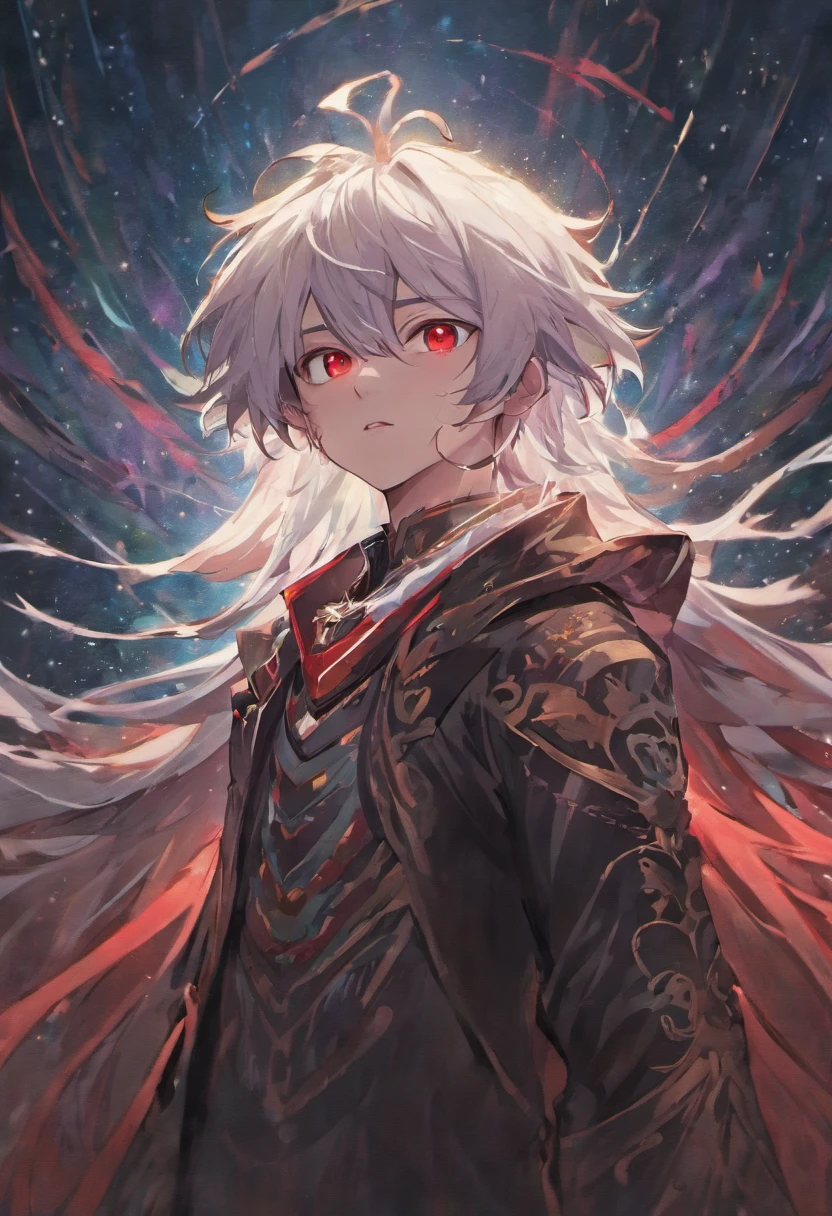 (masterpiece, illustration, anime:1.3), anime boy, Red Eyes, long white hair, in the dark, (classic black attire:1.2), (messy neck long white hair:1.1), (red eyes t:1.2), (calm expression:1.1), (uncovered eyes:1.1), (powerful presence:1.2), (detailed folds and creases:1.1), (intense blue aura:1.2), (symbols of power surrounding him:1.1), (magical energy radiating:1.2), , (ethereal particles:1.1), (dynamic pose:1.2), (epic soundtrack:1.2), (sense of awe:1.1),