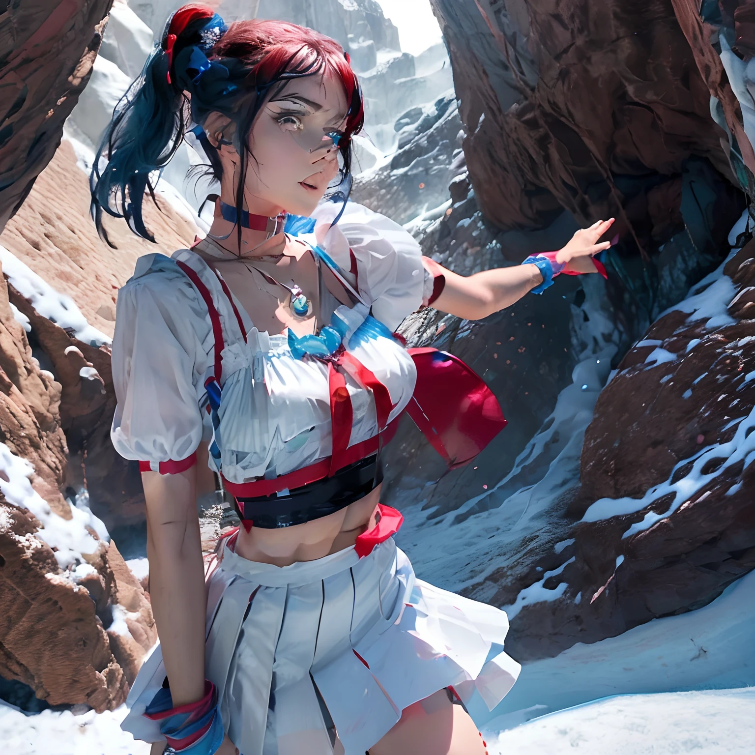 ((Full body)) (( falling through the air )) a enchantly beautiful woman with pink eyes blue-greenish twin ponytails, wearing a red choker, blue large  crystal pendant, matching  wrist bands, white leather two piece skirt and blouse with  snow white tranparent straps