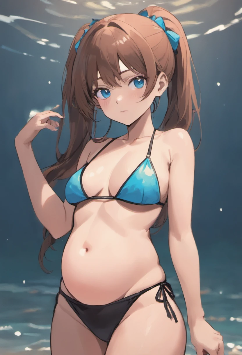heavily pregnant beautiful and sexy milf with brown ponytail hair, and blue eyes in black bikini