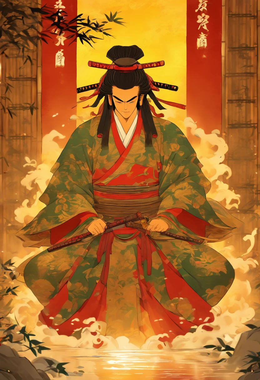 samurai, house, bamboo,Japanese Emperor, Feudal Japan, ((Kneeling Emperor)), Shui Mo Hua, Chinese painting style, Thangka style, masterpiece, weak sunlight, depth of field, best quality