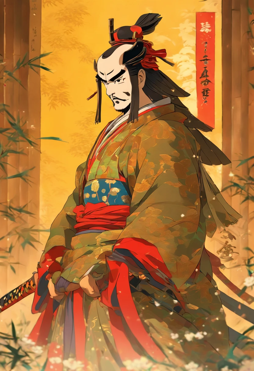 samurai, house, bamboo,Japanese Emperor, Feudal Japan, ((Kneeling Emperor)), Shui Mo Hua, Chinese painting style, Thangka style, masterpiece, weak sunlight, depth of field, best quality