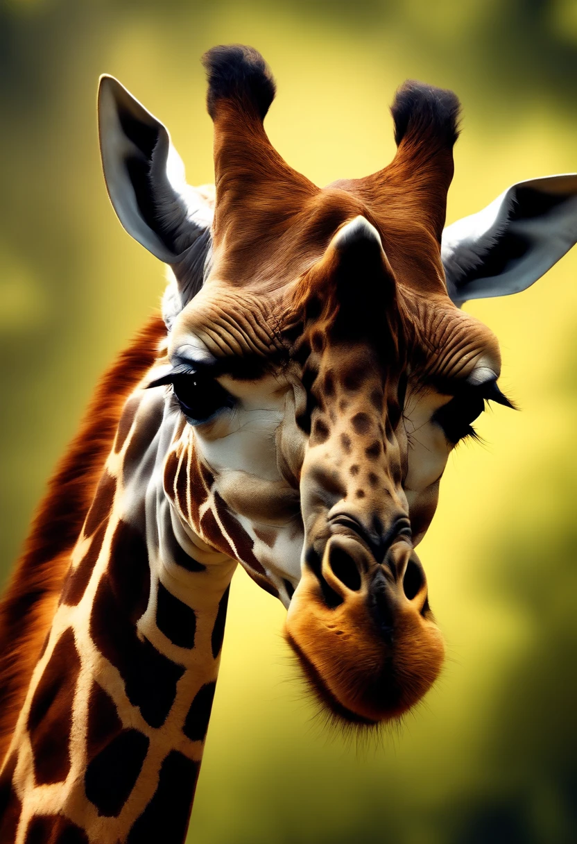 A giraffe with bat wings for leg,glowing light eyes, Biomechanical, eerie, Creepy, nightmarish, Very bright colors, Light particles, with light glowing, Mshiff, wallpaper art, UHD wallpaper
