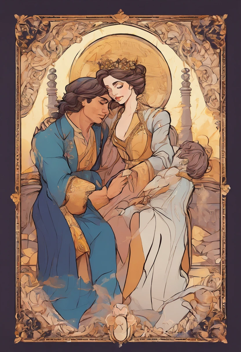 A reunion n which mother and two successful sons embracing, symbolizing their love and gratitude, disney style, vibrant colors