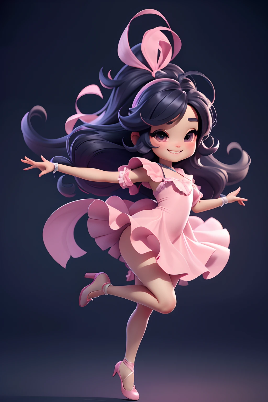 absurdres, 8k resolution, masterpiece, best quality, detailed face, bright eyes, a cute chibi waifu smiling in a large dress, pumps, juicy legs, jumping in the air, dynamic dance, female dancer, contemporary dance, gracefully dancing pose, aerial silk, draped in flowing fabric,