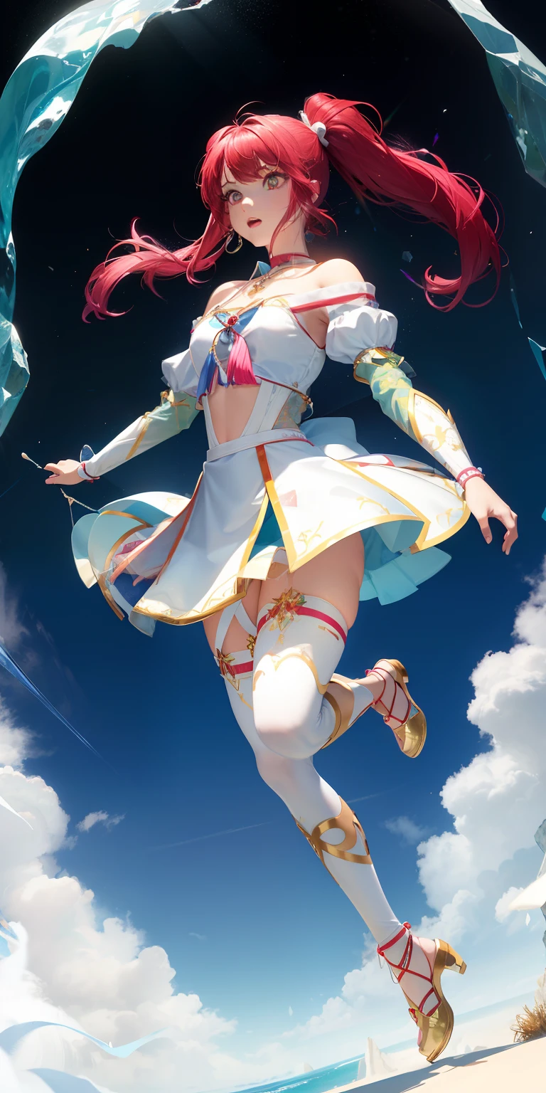 ((Full body)) (( falling through the air )) a enchantly beautiful woman with pink eyes blue-greenish twin ponytails, wearing a red choker, blue large crystal pendant, matching wrist bands, white leather two piece skirt and blouse with snow white tranparent straps