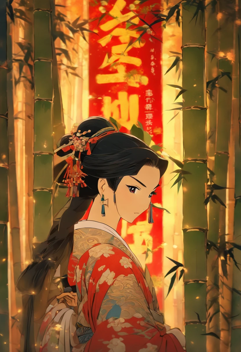 princess, house, bamboo,black hair, feudal Japan, ((Full body)),slightly tilted camera,Shui Mo Hua, Chinese painting style, Thangka style, masterpiece, weak sunlight, depth of field, best quality
