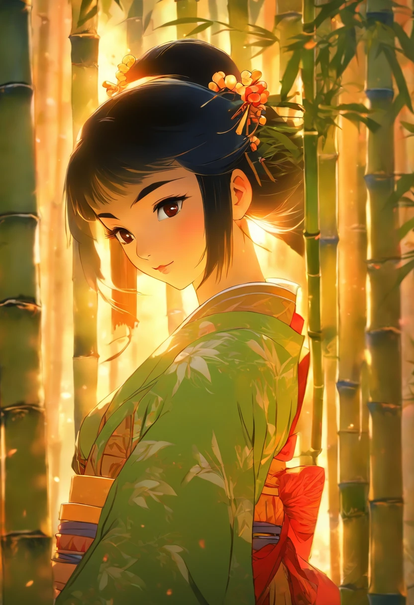 princess, house, bamboo,black hair, feudal Japan, ((Full body)),slightly tilted camera,Shui Mo Hua, Chinese painting style, Thangka style, masterpiece, weak sunlight, depth of field, best quality
