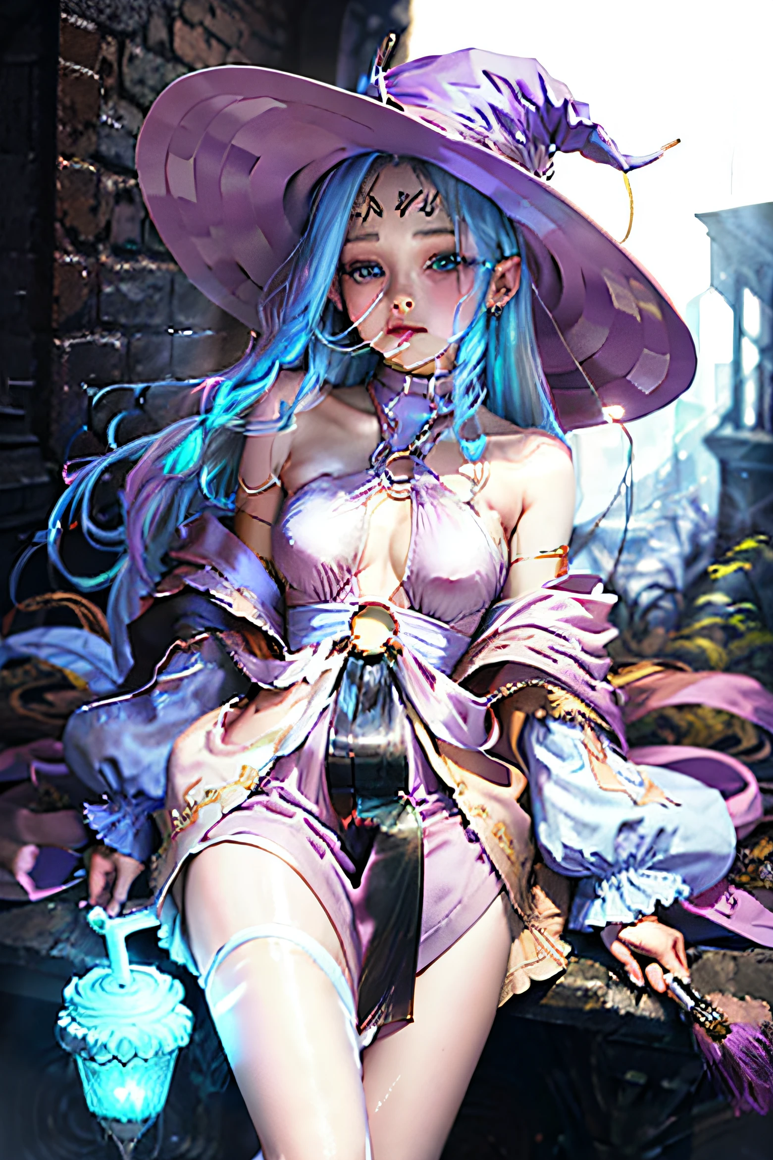witch, pink clothes, light blue hair, cute, candy, girly, wand