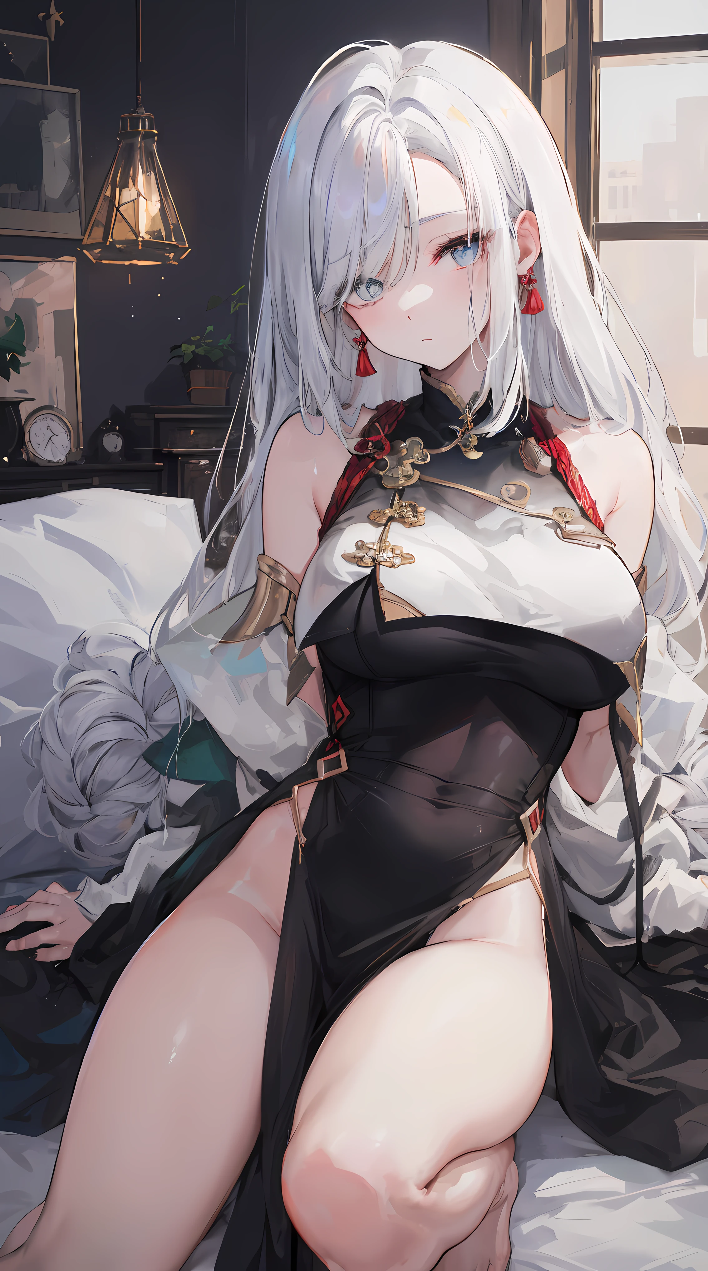 ((beautiful lighting, Best quality, 8K, Masterpiece: 1.3)), 1girl, Perfect body beauty, ((white hair)), (White+black dress: 1.4), (Indoor , night: 1.1), sexy pose (lie on the bed), Super Fine Face, Fine Eyes, naughty look