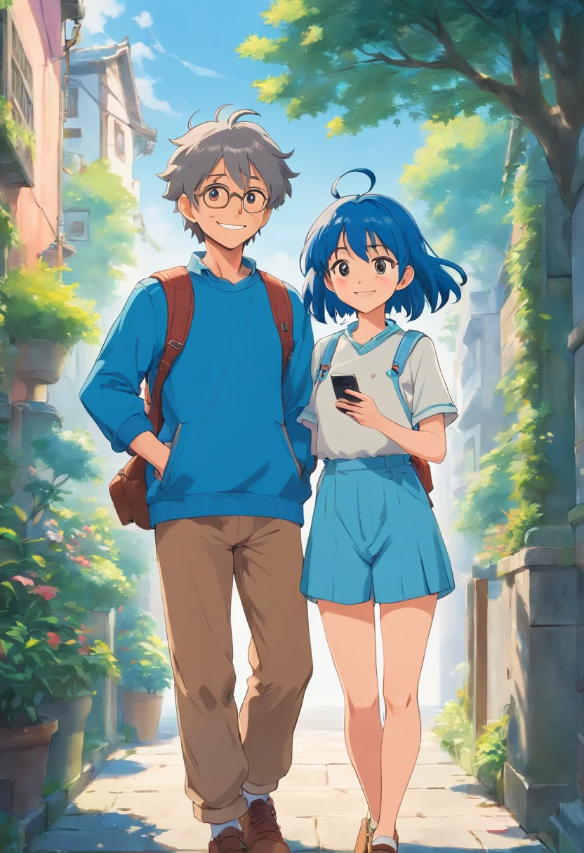 a couple of anime characters standing next to each other and happily posing for a picture (Boy and Girl), a blue vibrant color pallet, lightly smiley faces, casual clothes, 8k, high quality, ray tracing, looking at the camera, holding phones