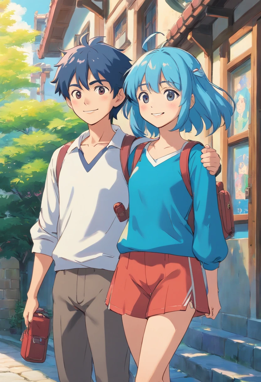 a couple of anime characters standing next to each other and happily posing for a picture (Boy and Girl), a blue vibrant color pallet, lightly smiley faces, casual clothes, 8k, high quality, ray tracing, looking at the camera, holding phones