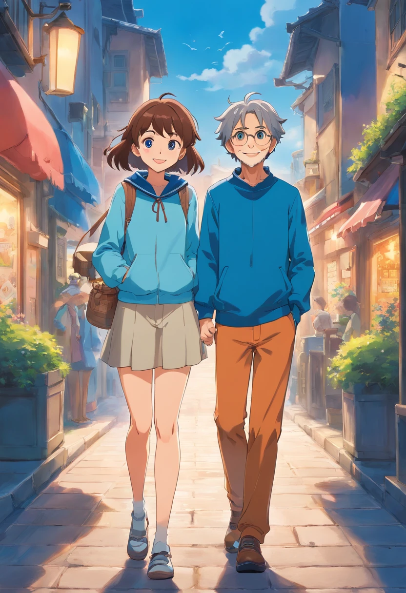a couple of anime characters standing next to each other and happily posing for a picture (Boy and Girl), a blue vibrant color pallet, lightly smiley faces, casual clothes, 8k, high quality, ray tracing, looking at the camera, holding phones