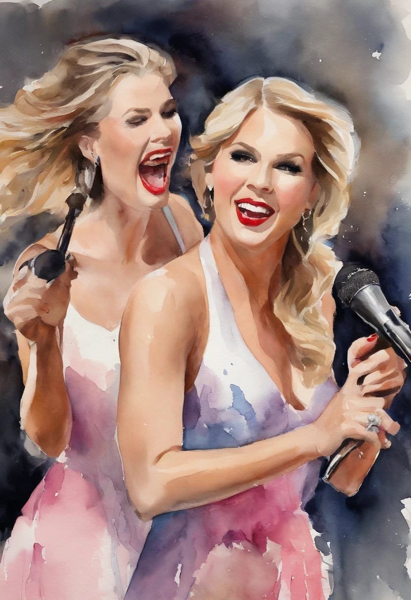 Taylor Swift and Katy Perry singing together with a single microphone, Wonderful stage performances,Luces brillantes,Dynamic dance,Singing with passion,Pop-style music, The unique image and charm of Taylor Swift,Voz encantadora,Maquillaje y vestuario exquisitos,Impresionante escenario,The enthusiastic audience shouts, encantador, cierpo completo.